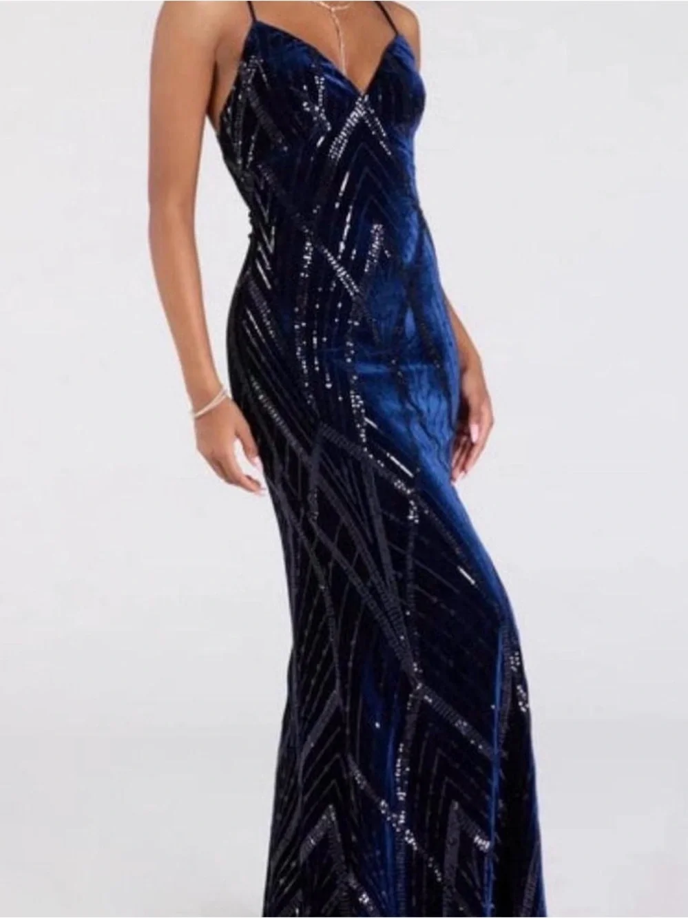 Windsor Navy Sequin Velvet Spaghetti Strap Gown